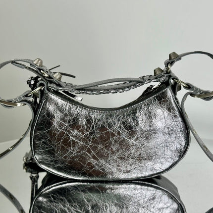 LE CAGOLE SMALL SHOULDER BAG 26 WITH RHINESTONES IN SILVER METALLIC ARENA LAMBSKIN