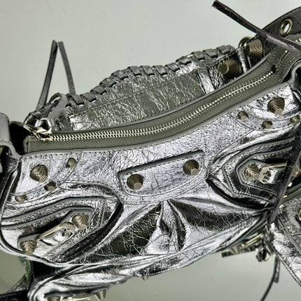 LE CAGOLE SMALL SHOULDER BAG 26 WITH RHINESTONES IN SILVER METALLIC ARENA LAMBSKIN