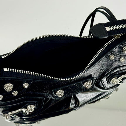 LE CAGOLE SMALL SHOULDER BAG 26 WITH RHINESTONES IN BLACK ARENA LAMBSKIN SILVER HARDWARE