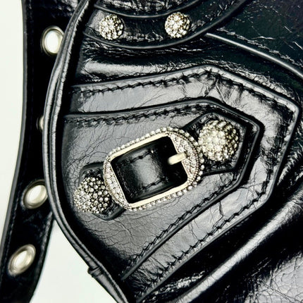 LE CAGOLE SMALL SHOULDER BAG 26 WITH RHINESTONES IN BLACK ARENA LAMBSKIN SILVER HARDWARE