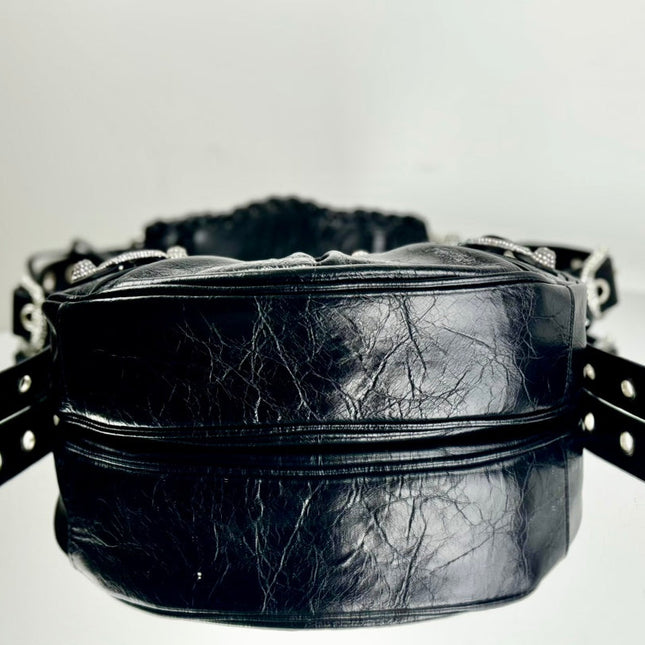 LE CAGOLE SMALL SHOULDER BAG 26 WITH RHINESTONES IN BLACK ARENA LAMBSKIN SILVER HARDWARE