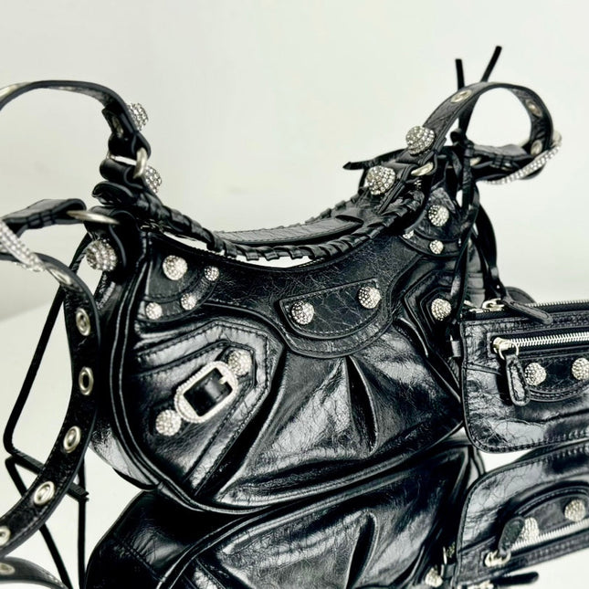 LE CAGOLE SMALL SHOULDER BAG 26 WITH RHINESTONES IN BLACK ARENA LAMBSKIN SILVER HARDWARE