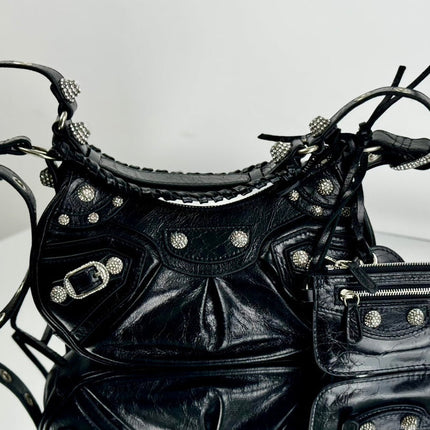 LE CAGOLE SMALL SHOULDER BAG 26 WITH RHINESTONES IN BLACK ARENA LAMBSKIN SILVER HARDWARE