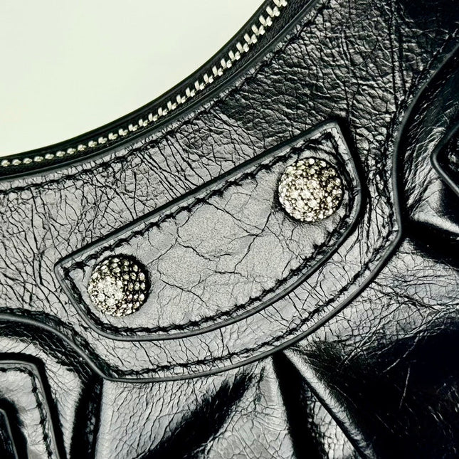 LE CAGOLE SMALL SHOULDER BAG 26 WITH RHINESTONES IN BLACK ARENA LAMBSKIN SILVER HARDWARE