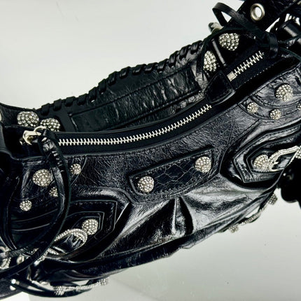 LE CAGOLE SMALL SHOULDER BAG 26 WITH RHINESTONES IN BLACK ARENA LAMBSKIN SILVER HARDWARE