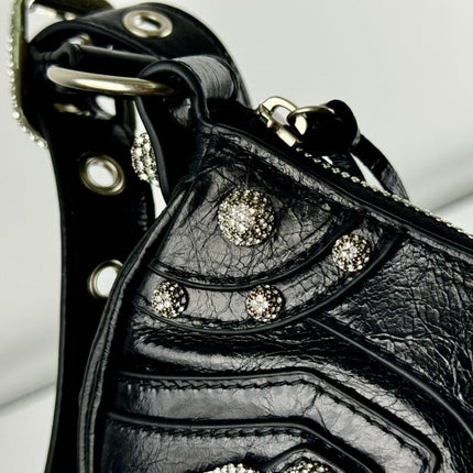 LE CAGOLE SMALL SHOULDER BAG 26 WITH RHINESTONES IN BLACK ARENA LAMBSKIN SILVER HARDWARE
