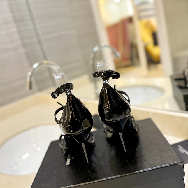 SL CASSANDRA HEELED SANDALS BLACK POLISHED CALFSKIN