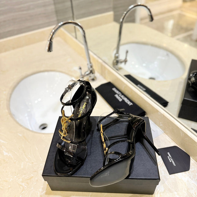 SL CASSANDRA HEELED SANDALS BLACK-GOLD CALFSKIN