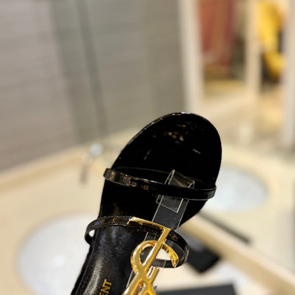 SL CASSANDRA HEELED SANDALS BLACK-GOLD CALFSKIN