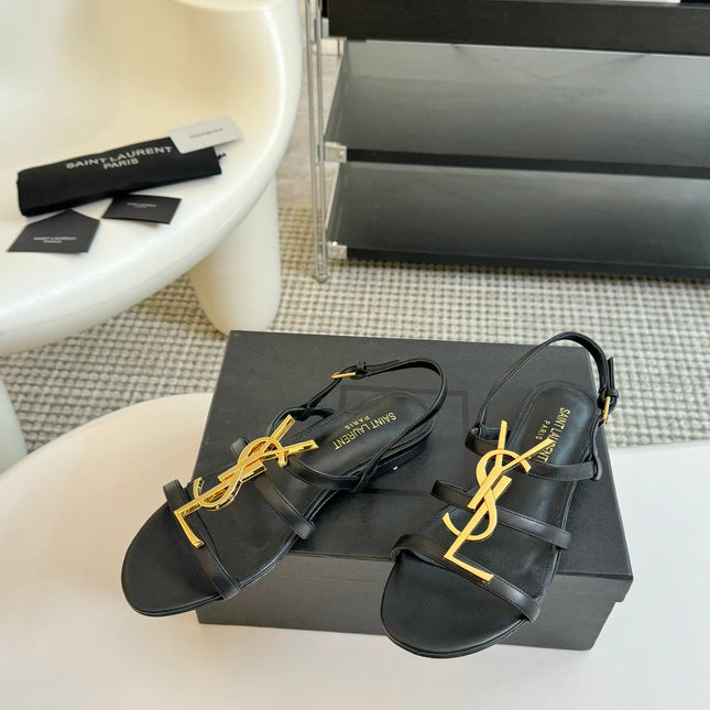 Yves SL Buckle Women Sandals Black Leather