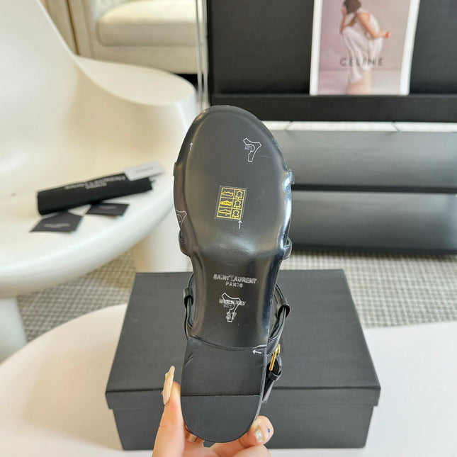 Yves SL Buckle Women Sandals Black Leather
