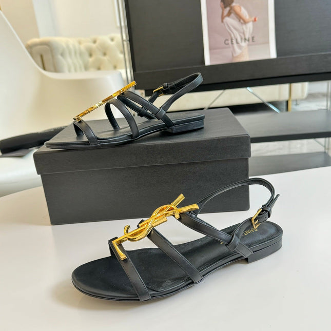 Yves SL Buckle Women Sandals Black Leather