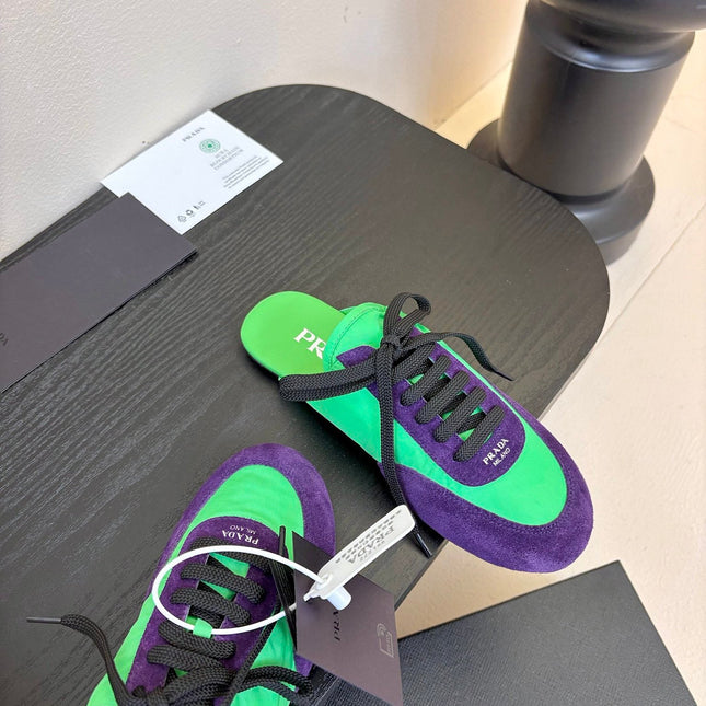 SNEAKER MULES IN GREEN NYLON AND PURPLE SUEDE