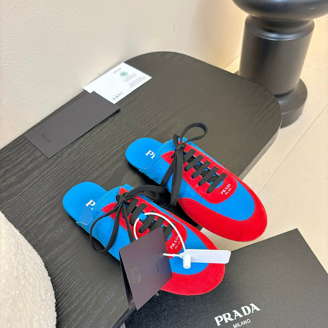 SNEAKER MULES IN BLUE NYLON AND RED SUEDE