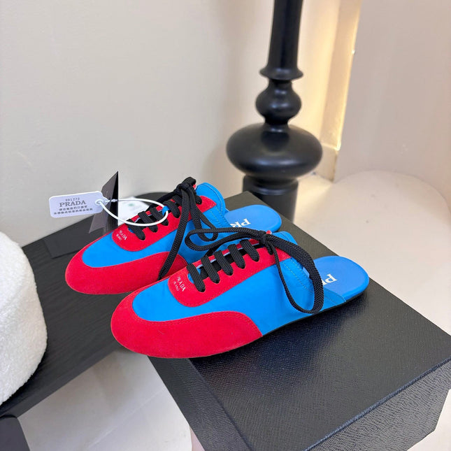 SNEAKER MULES IN BLUE NYLON AND RED SUEDE