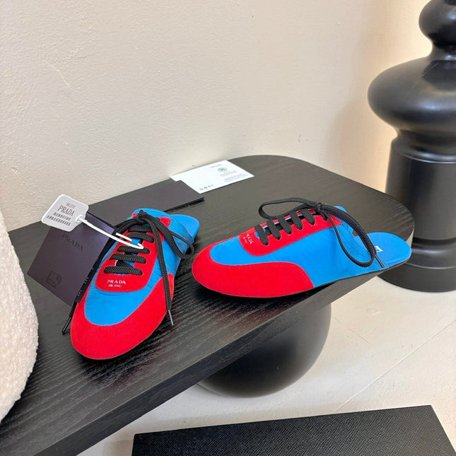 SNEAKER MULES IN BLUE NYLON AND RED SUEDE