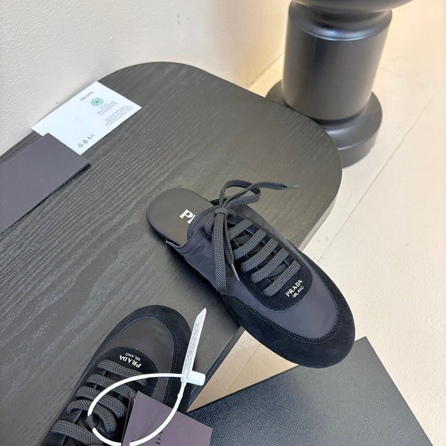 SNEAKER MULES IN BLACK NYLON AND SUEDE