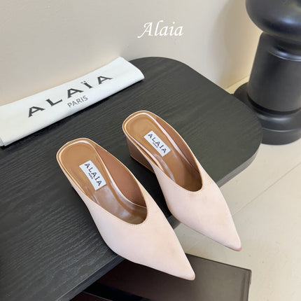 ALAIA HIGH MULES 25S IN BLUSH BEIGE SATIN