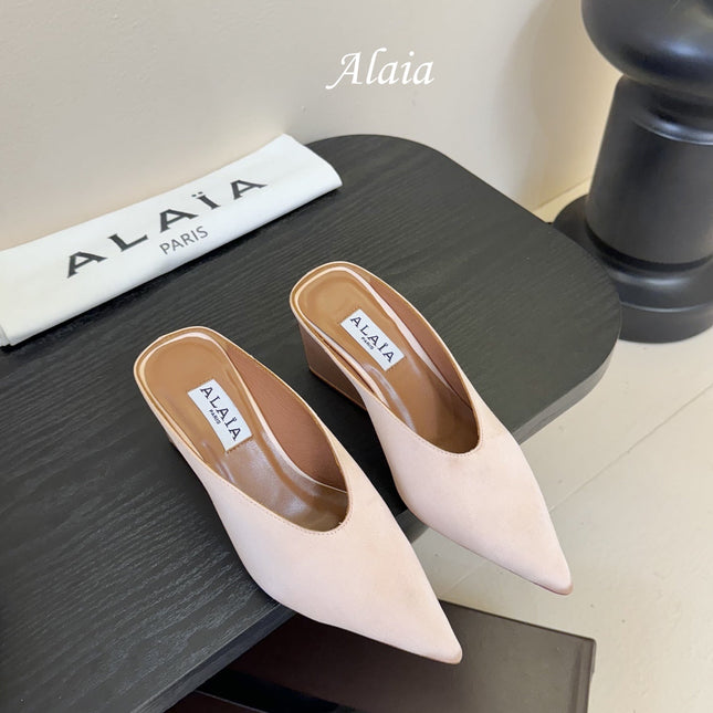 ALAIA HIGH MULES 25S IN BLUSH BEIGE SATIN