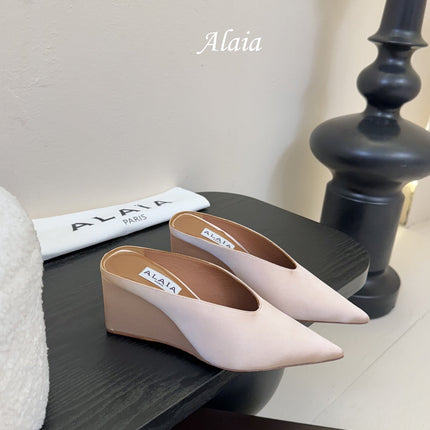 ALAIA HIGH MULES 25S IN BLUSH BEIGE SATIN
