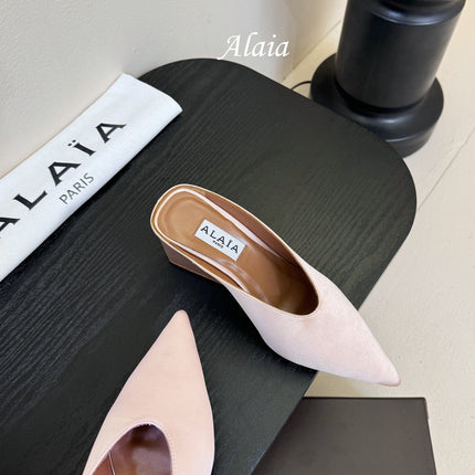 ALAIA HIGH MULES 25S IN BLUSH BEIGE SATIN