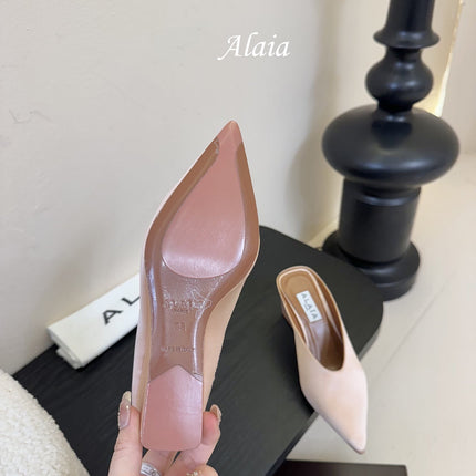 ALAIA HIGH MULES 25S IN BLUSH BEIGE SATIN