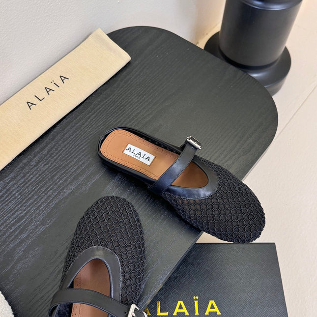 ALAIA FLAT MULES 25S IN BLACK WOVEN MESH
