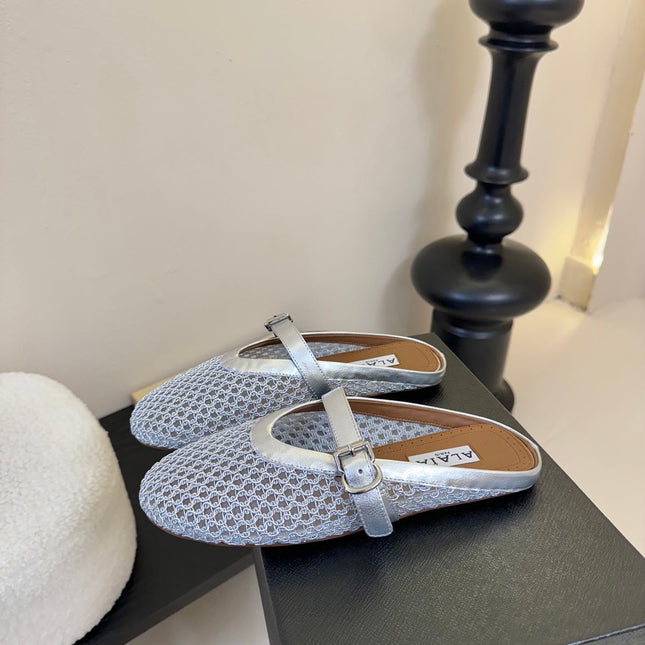 ALAIA FLAT MULES 25S IN GREY MIX SILVER WOVEN MESH