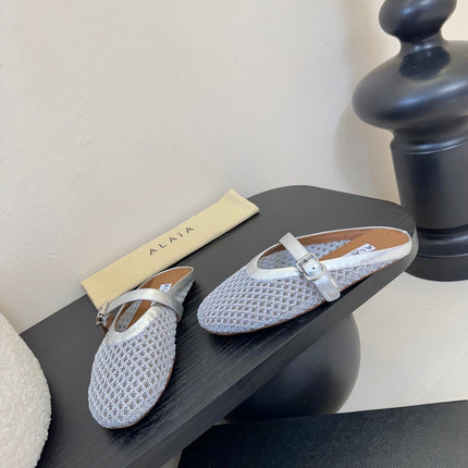 ALAIA FLAT MULES 25S IN GREY MIX SILVER WOVEN MESH