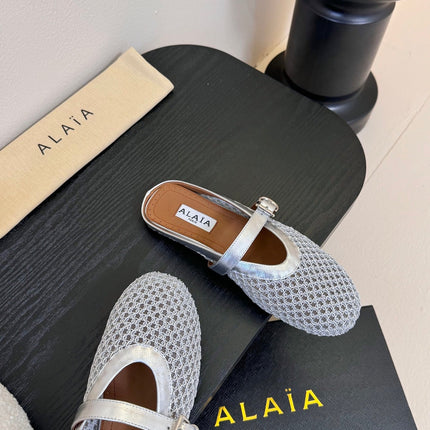 ALAIA FLAT MULES 25S IN GREY MIX SILVER WOVEN MESH