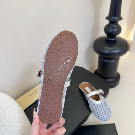 ALAIA FLAT MULES 25S IN GREY MIX SILVER WOVEN MESH