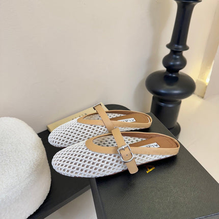 ALAIA FLAT MULES 25S IN WHITE MIX BROWN WOVEN MESH