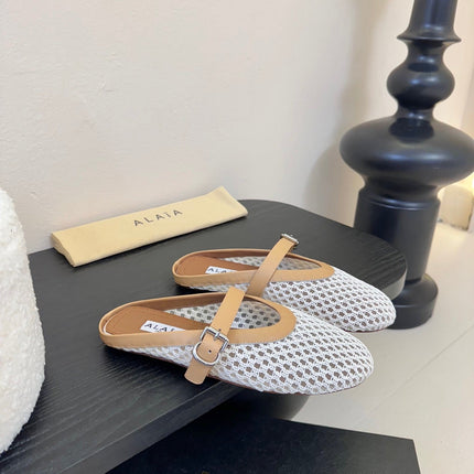 ALAIA FLAT MULES 25S IN WHITE MIX BROWN WOVEN MESH