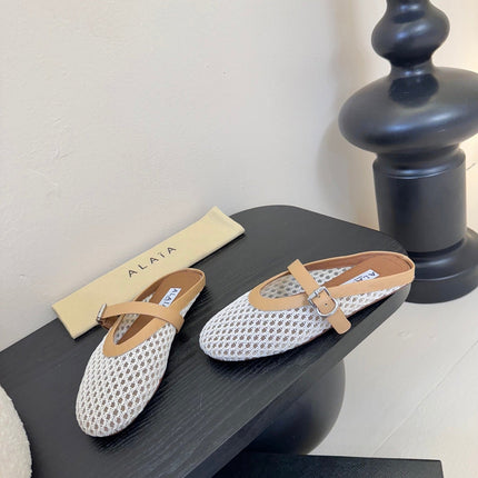 ALAIA FLAT MULES 25S IN WHITE MIX BROWN WOVEN MESH