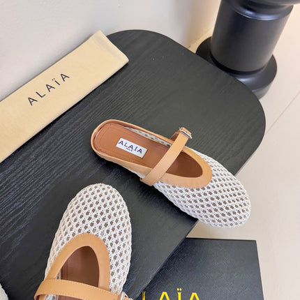 ALAIA FLAT MULES 25S IN WHITE MIX BROWN WOVEN MESH