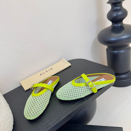 ALAIA FLAT MULES 25S IN MINT GREEN WOVEN MESH