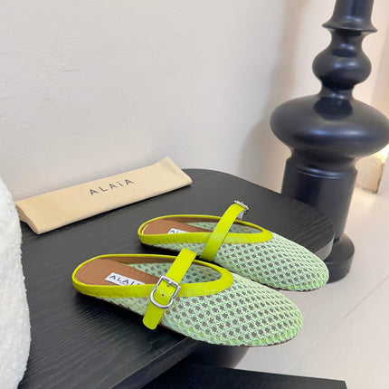 ALAIA FLAT MULES 25S IN MINT GREEN WOVEN MESH