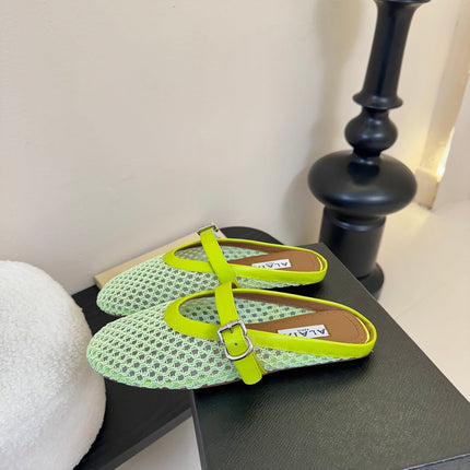 ALAIA FLAT MULES 25S IN MINT GREEN WOVEN MESH