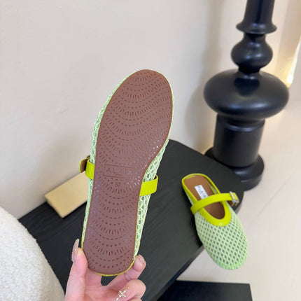 ALAIA FLAT MULES 25S IN MINT GREEN WOVEN MESH