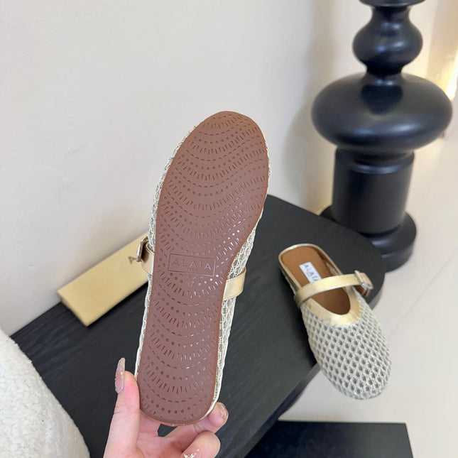 ALAIA FLAT MULES 25S IN GREY MIX GOLD WOVEN MESH