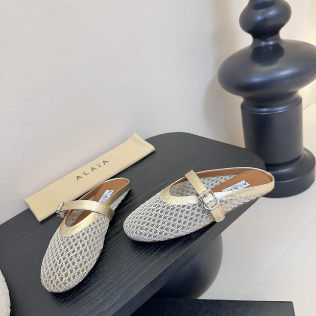 ALAIA FLAT MULES 25S IN GREY MIX GOLD WOVEN MESH
