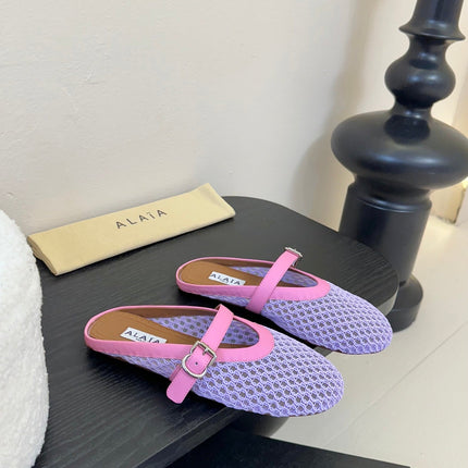 ALAIA FLAT MULES 25S IN PURPLE MIX PINK WOVEN MESH