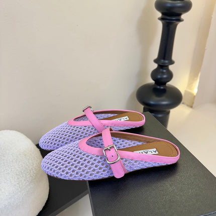 ALAIA FLAT MULES 25S IN PURPLE MIX PINK WOVEN MESH