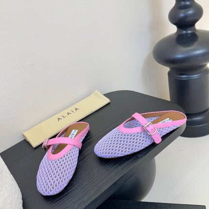 ALAIA FLAT MULES 25S IN PURPLE MIX PINK WOVEN MESH