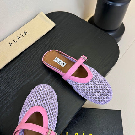 ALAIA FLAT MULES 25S IN PURPLE MIX PINK WOVEN MESH