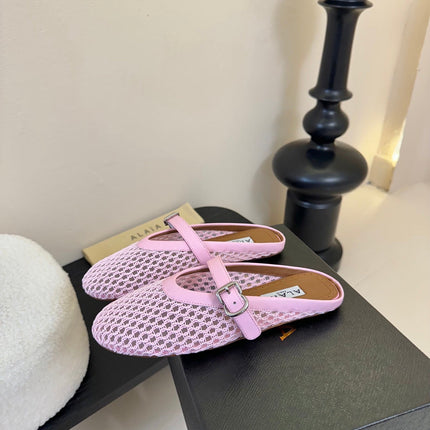 ALAIA FLAT MULES 25S IN BLUSH PINK WOVEN MESH