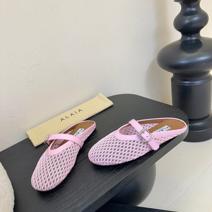 ALAIA FLAT MULES 25S IN BLUSH PINK WOVEN MESH