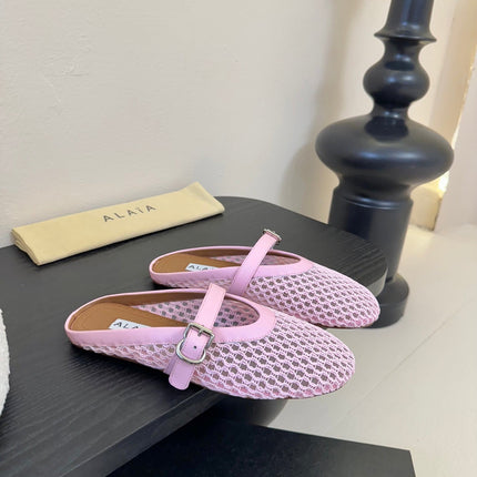 ALAIA FLAT MULES 25S IN BLUSH PINK WOVEN MESH
