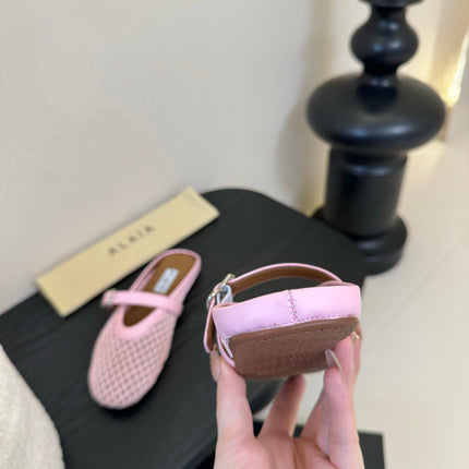 ALAIA FLAT MULES 25S IN BLUSH PINK WOVEN MESH