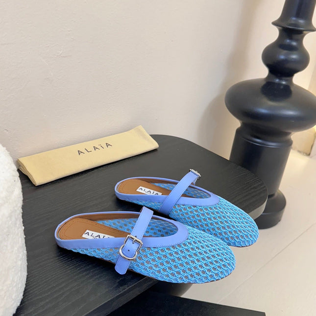 ALAIA FLAT MULES 25S IN BLUE MIX PURPLE WOVEN MESH